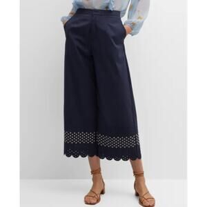 NWT Jason Wu Navy Blue Scalloped Eyelet Cotton Blend Culottes Pants Womens 12